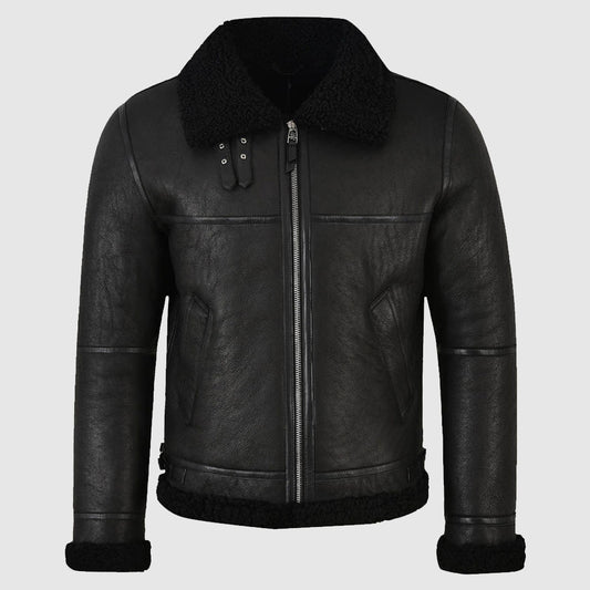 Men Jet Black Shearling Leather Jacket, sheepskin aviator leather jacket