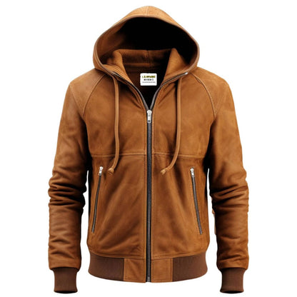Men Camel Brown Suede Hooded Leather Bomber Jacket