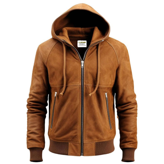 Men Camel Brown Suede Hooded Leather Bomber Jacket