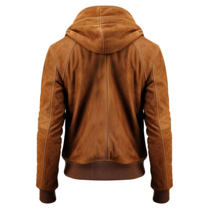 Men Camel Brown Suede Hooded Leather Bomber Jacket