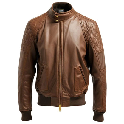 Men Quilted Bomber Leather Jacket With Golden Zipper