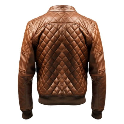 Men Quilted Bomber Leather Jacket With Golden Zipper