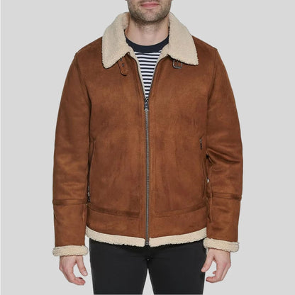 Men Suede Leather-Bomber Jacket With Shearling Lining