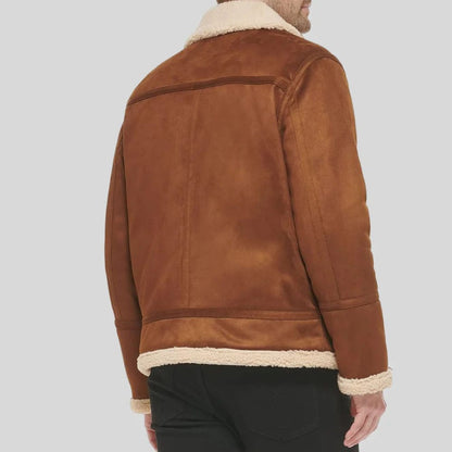 Men Suede Leather-Bomber Jacket With Shearling Lining