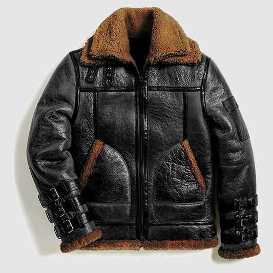 Men Winter Aviator RAF B3 Shearling Real Sheepskin Leather Bomber Flying Jacket