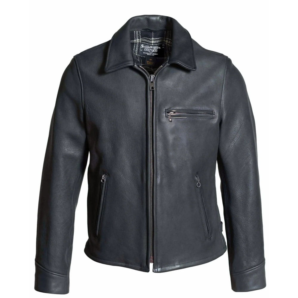 A black leather motorcycle jacket with a zippered front, zippered chest pocket, and zippered side pockets, shown on a plain white background.