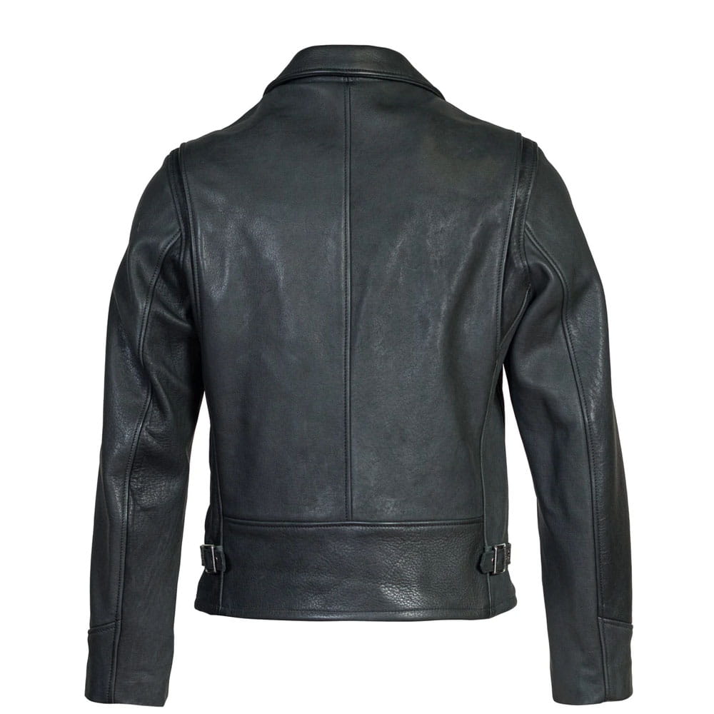 Black leather jacket shown from the back, featuring a collar, long sleeves, and adjustable waist straps with metal buckles, photographed against a plain white background.