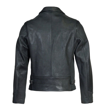 Black leather jacket shown from the back, featuring a collar, long sleeves, and adjustable waist straps with metal buckles, photographed against a plain white background.