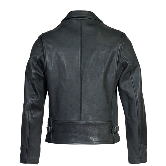 Black leather jacket shown from the back, featuring a collar, long sleeves, and adjustable waist straps with metal buckles, photographed against a plain white background.