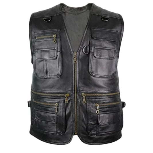 Black leather motorcycle vest with multiple zippered and flap pockets, shown against a plain white background.