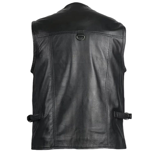 Black leather motorcycle vest shown from the back, featuring a high collar, a central D-ring, and side strap adjusters, photographed on a solid white background.