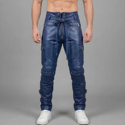Men's Blue Cowhide Leather Cargo Pants Handmade Biker Gothic Style