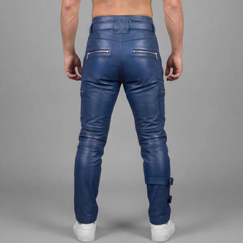 Men's Blue Cowhide Leather Cargo Pants Handmade Biker Gothic Style