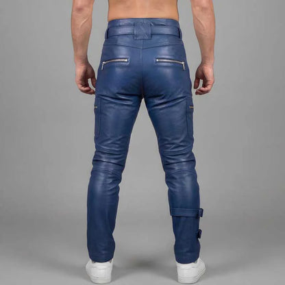 Men's Blue Cowhide Leather Cargo Pants Handmade Biker Gothic Style