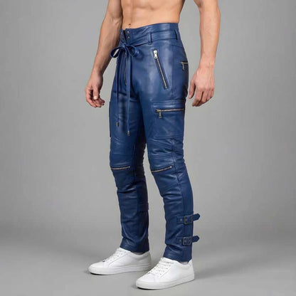 Men's Blue Cowhide Leather Cargo Pants Handmade Biker Gothic Style