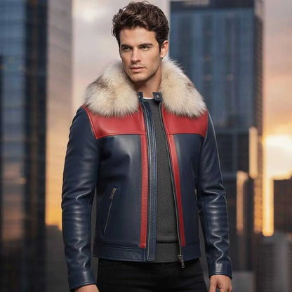 Men's Blue Shearling Lined Leather Jacket with Fox Fur Collar
