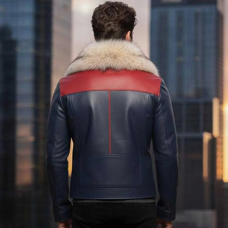 Men's Blue Shearling Lined Leather Jacket with Fox Fur Collar

