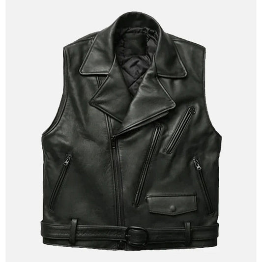 Black leather motorcycle vest with an asymmetrical zipper, multiple zippered pockets, a snap pocket, and a matching leather belt, shown against a light gray background.
