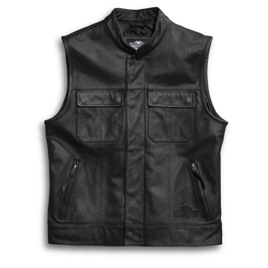 A black leather motorcycle vest with a stand collar, front zipper, and four front pockets, shown against a plain white background.