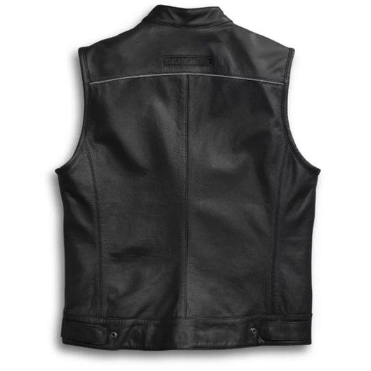 Black leather motorcycle vest shown from the back, featuring a high collar, center seam, and snap-button details at the hem, photographed on a white background.