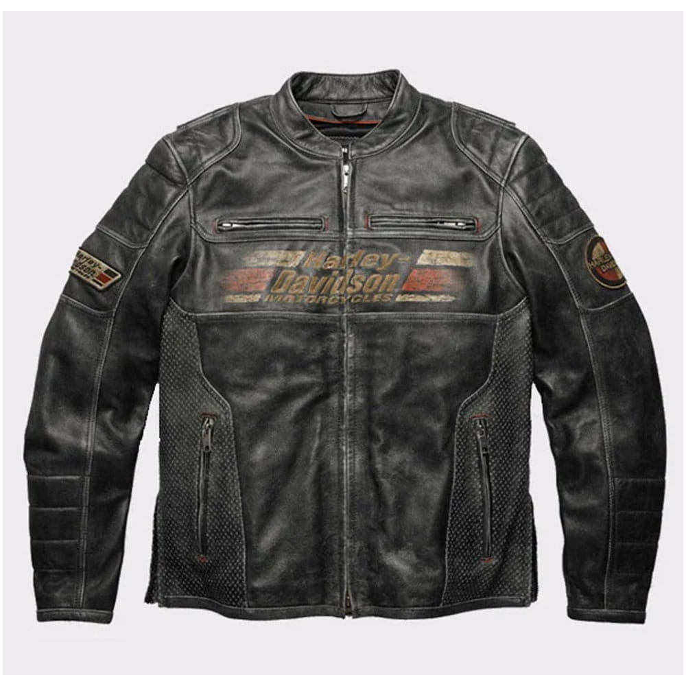 A black distressed leather motorcycle jacket with a front zipper, zippered chest pockets, and a prominent Harley-Davidson logo printed across the chest.