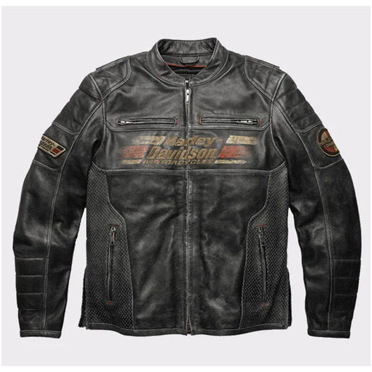 A black distressed leather motorcycle jacket with a front zipper, zippered chest pockets, and a prominent Harley-Davidson logo printed across the chest.