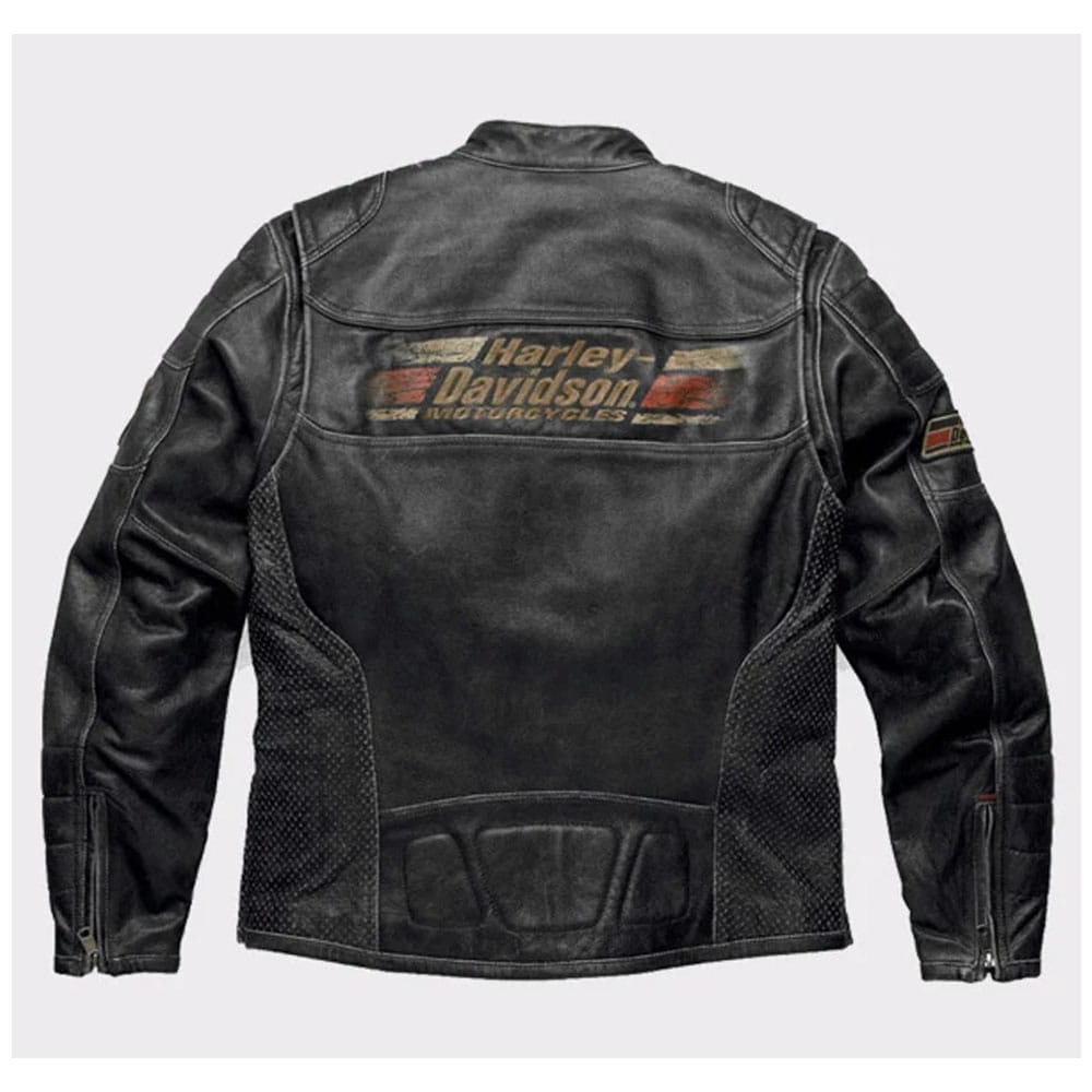 Black leather motorcycle jacket shown from the back, featuring a distressed Harley-Davidson logo patch on the upper back and a small logo patch on the left sleeve, set against a light gray background.