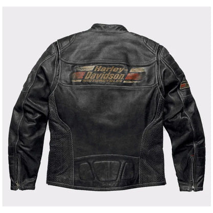 Black leather motorcycle jacket shown from the back, featuring a distressed Harley-Davidson logo patch on the upper back and a small logo patch on the left sleeve, set against a light gray background.