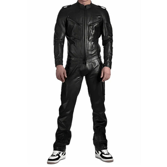 Men's Leather Jumpsuit In Black With Straps
