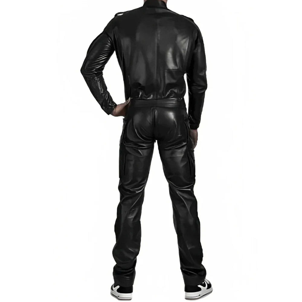 A man wearing a black faux-leather jumpsuit or bodysuit with matching pants, shown from the back against a plain white background.
