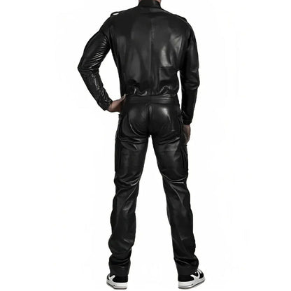 A man wearing a black faux-leather jumpsuit or bodysuit with matching pants, shown from the back against a plain white background.
