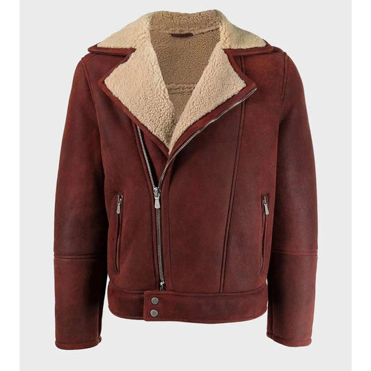 A dark reddish-brown faux leather motorcycle jacket with a beige sherpa fleece lining, featuring a front zipper, zippered side pockets, and a collar, shown against a light gray background.