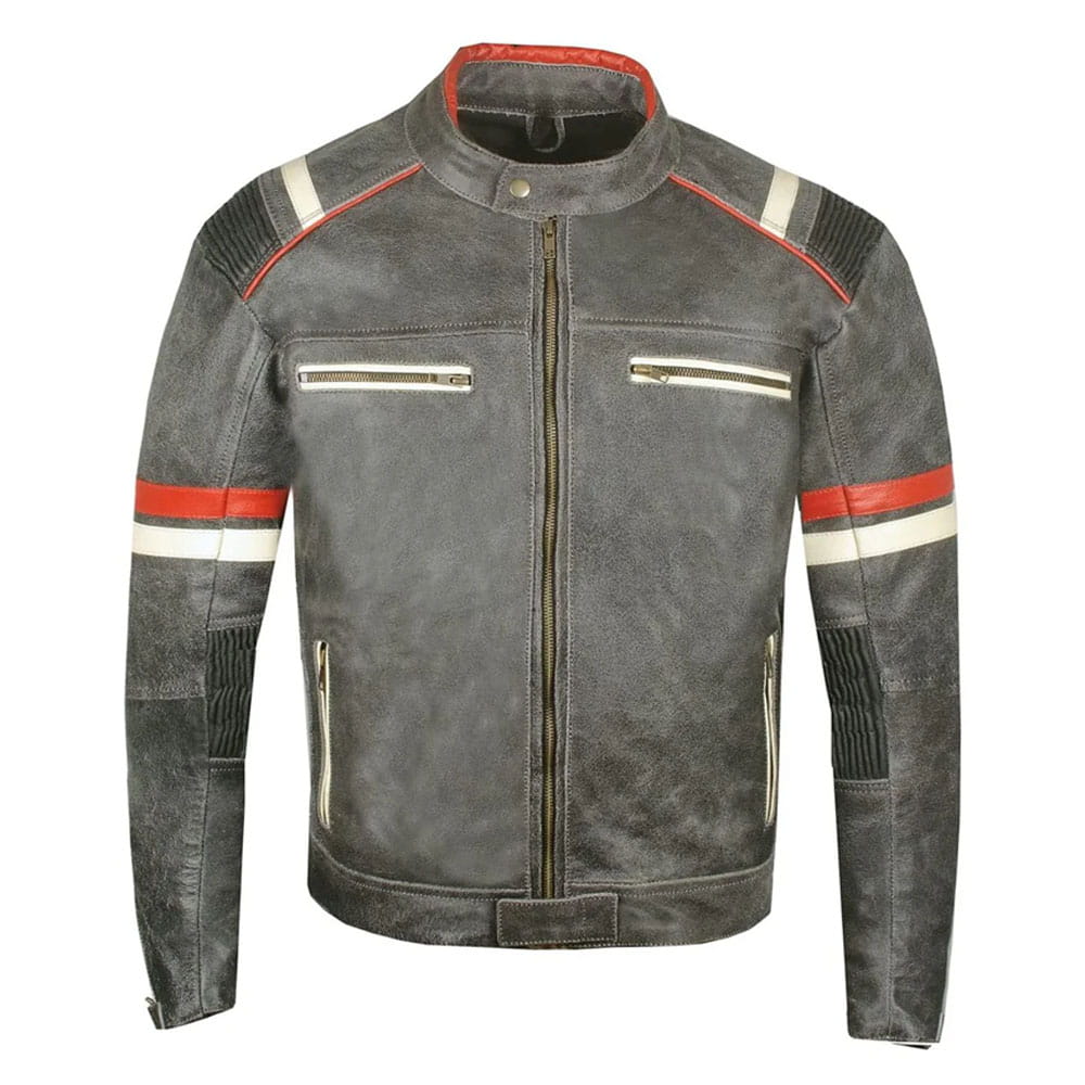 A dark gray distressed leather motorcycle jacket with red and white stripe accents on the shoulders and sleeves, featuring a front zipper and zippered chest pockets.