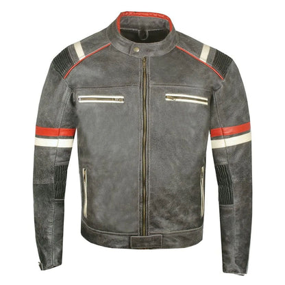 A dark gray distressed leather motorcycle jacket with red and white stripe accents on the shoulders and sleeves, featuring a front zipper and zippered chest pockets.