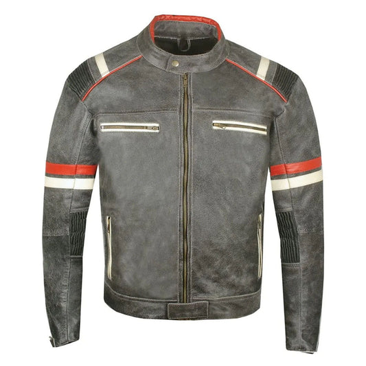 A dark gray distressed leather motorcycle jacket with red and white stripe accents on the shoulders and sleeves, featuring a front zipper and zippered chest pockets.