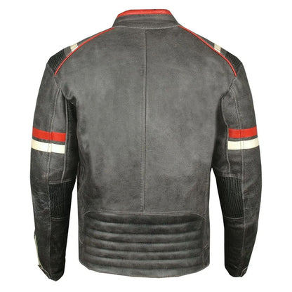 A dark gray leather motorcycle jacket shown from the back, featuring red and white stripe accents on the shoulders and sleeves.