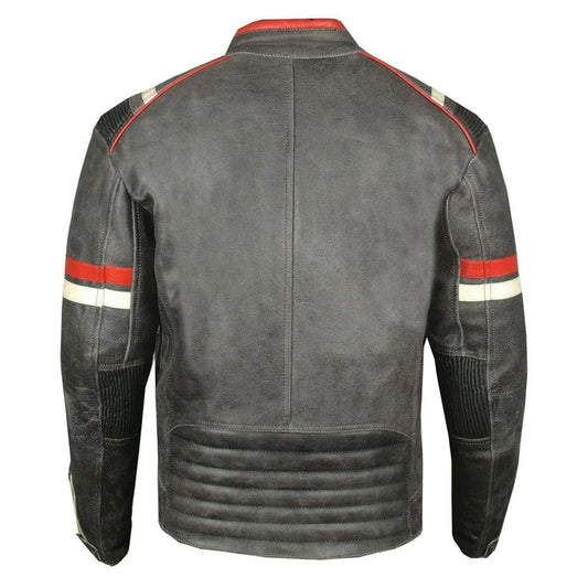 A dark gray leather motorcycle jacket shown from the back, featuring red and white stripe accents on the shoulders and sleeves.