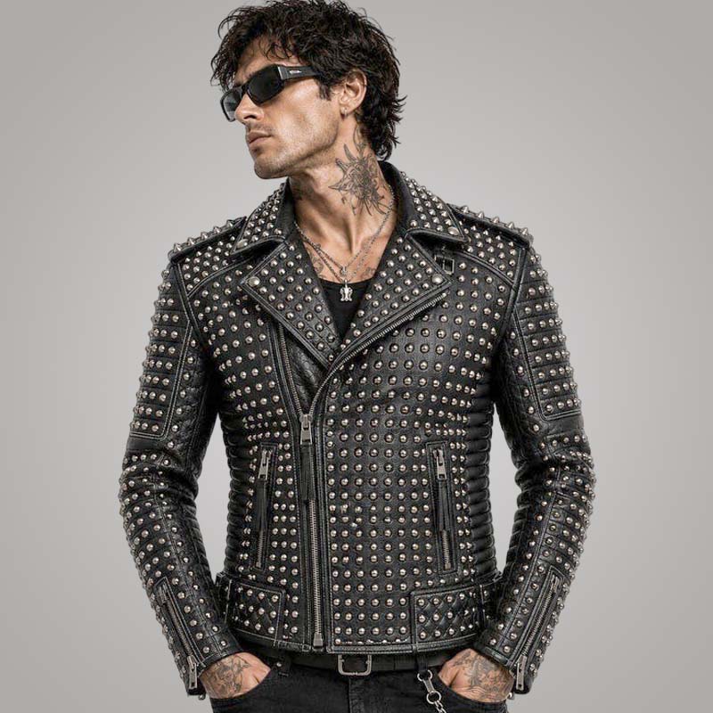 Men's Black Genuine Leather Biker Jacket with Silver Studded Punk Rock Style
