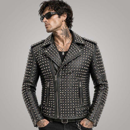 Men's Black Genuine Leather Biker Jacket with Silver Studded Punk Rock Style