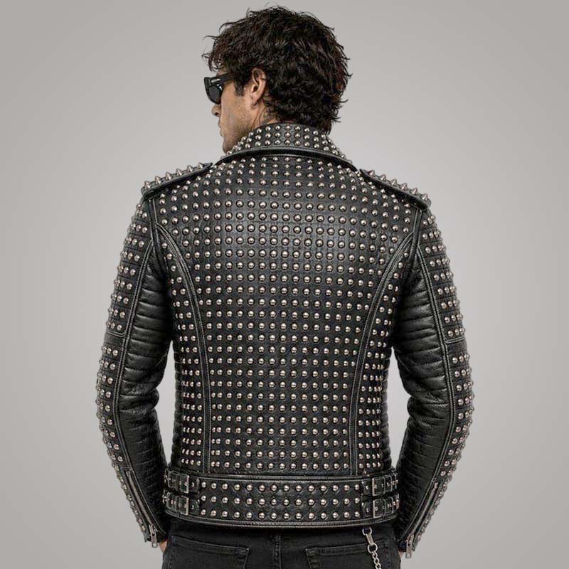 Men's Black Genuine Leather Biker Jacket with Silver Studded Punk Rock Style