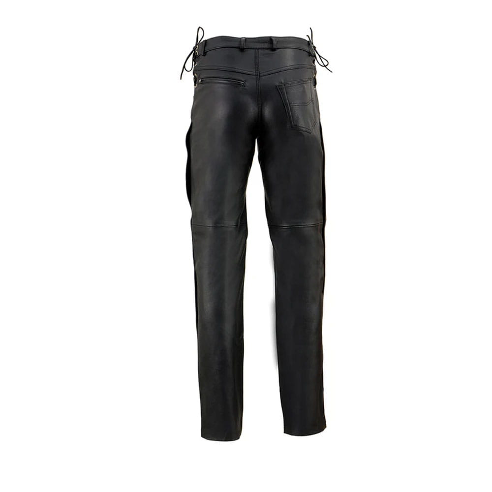 Men's Black Leather Deep Pocket Motorcycle Over Pants with Side Laces