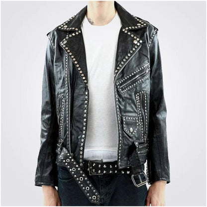 Men's Black Leather Party Jacket with Studs