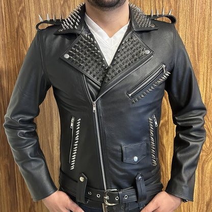 Men's Brando Silver Studded Club Style Leather Jacket