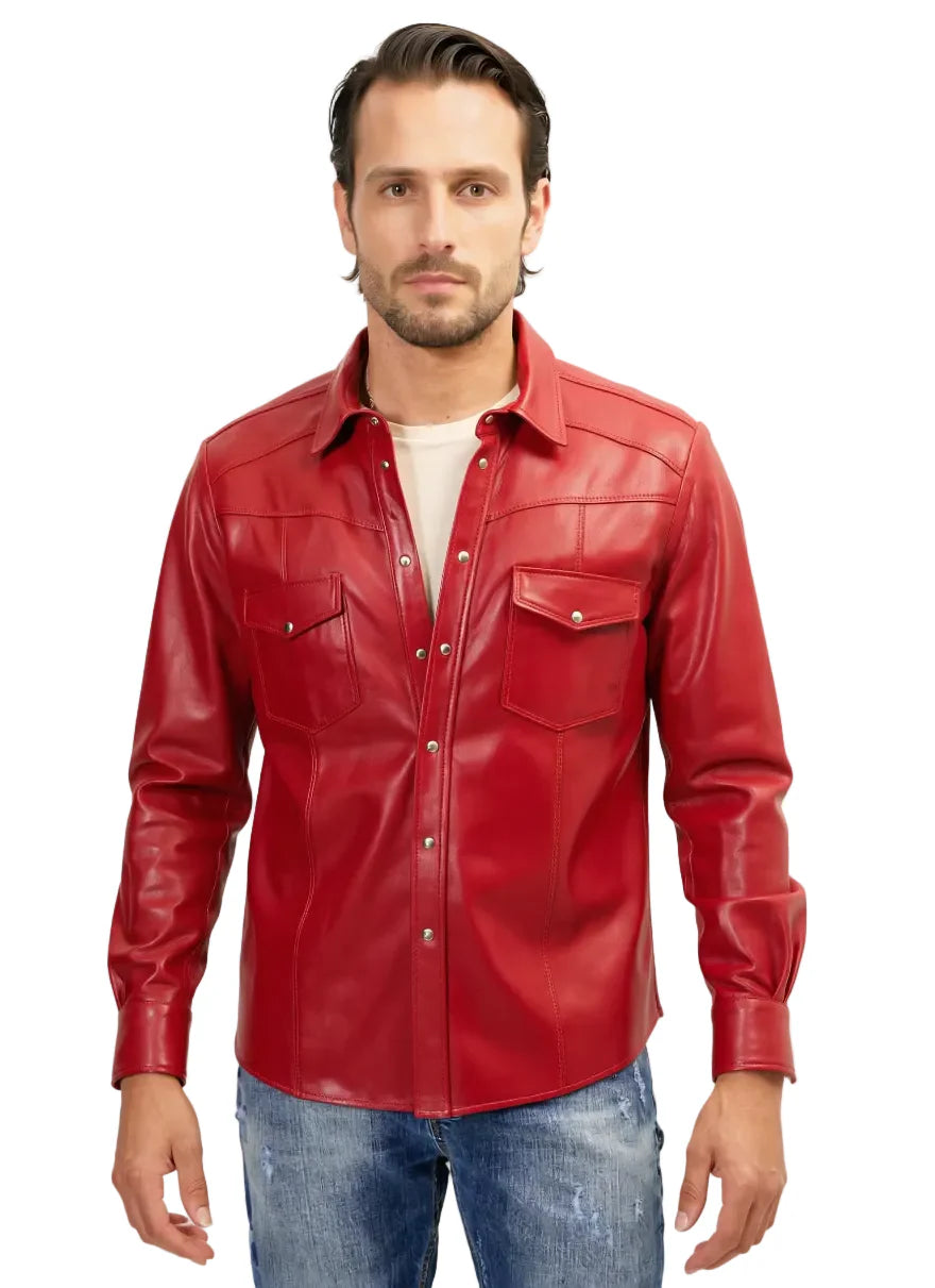 Men's Red Genuine Leather Shirt made from premium leather with slim fit design, bold red color, and stylish modern fashion look.