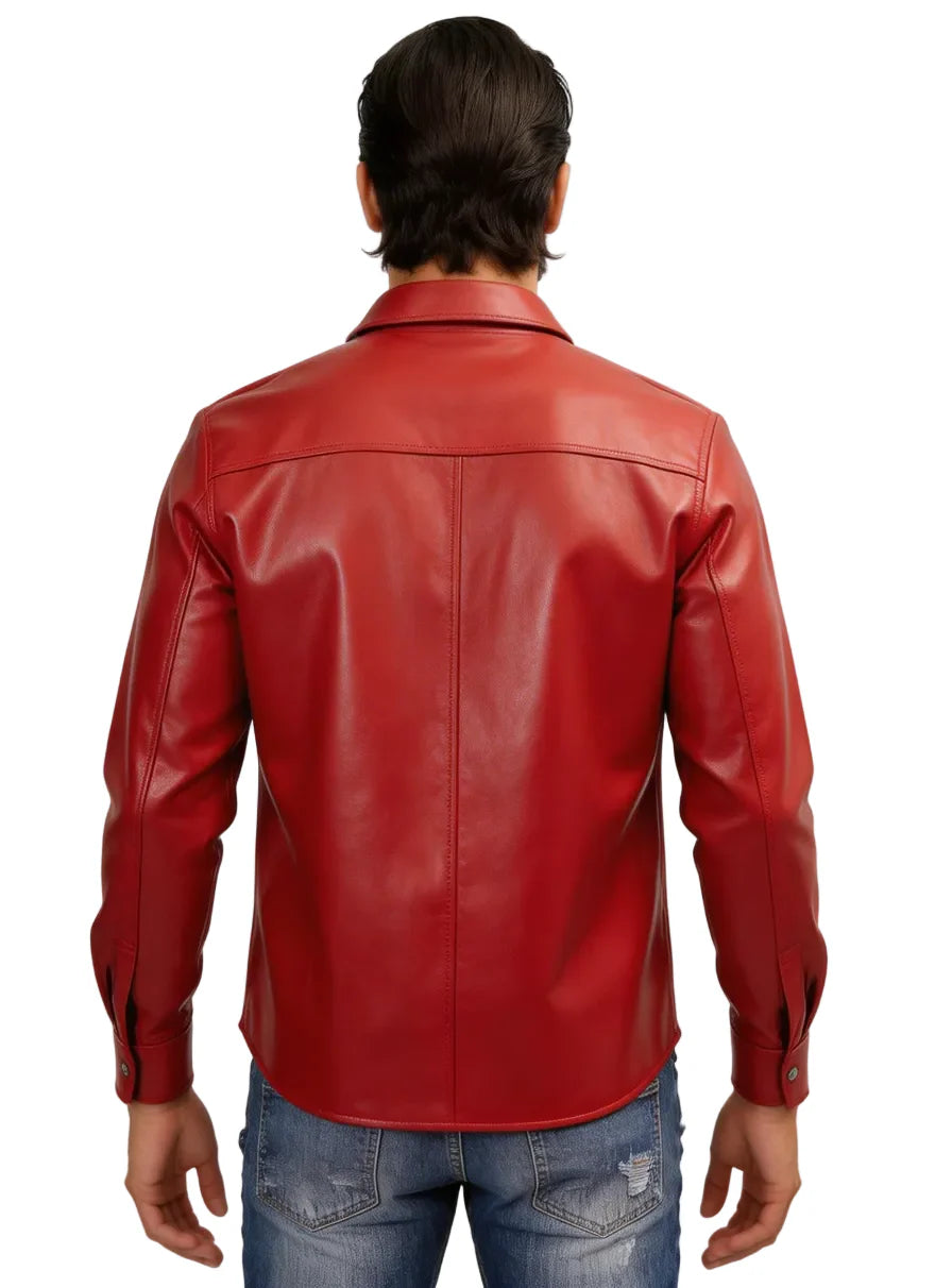 Men's Red Genuine Leather Shirt made from premium leather with slim fit design, bold red color, and stylish modern fashion look.