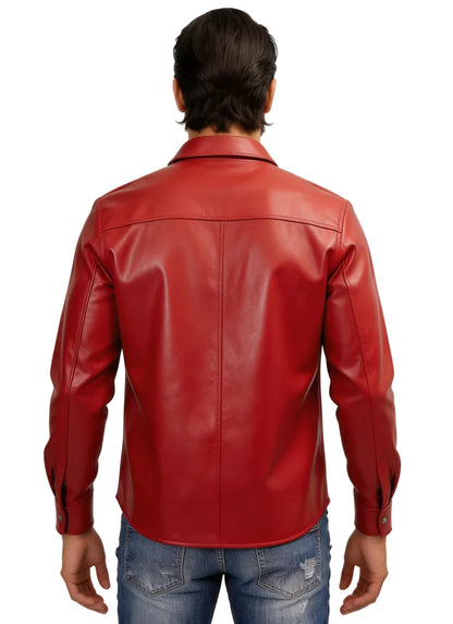 Men's Red Genuine Leather Shirt made from premium leather with slim fit design, bold red color, and stylish modern fashion look.