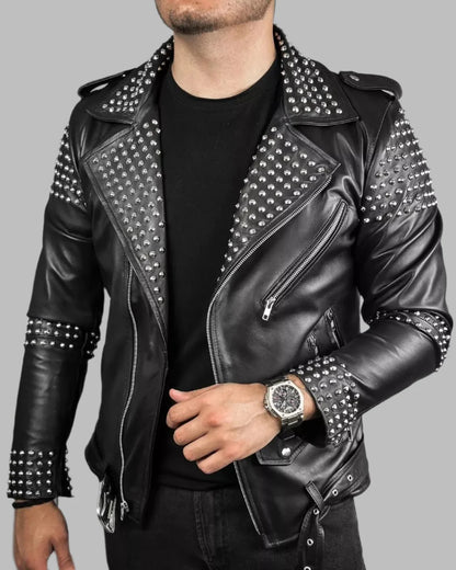 Men's Studded Leather Jacket - Motorcycle Genuine Cowhide Leather Jacket
