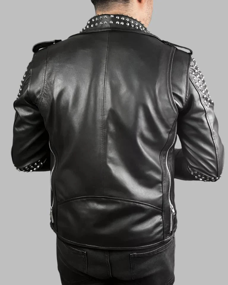 Men's Studded Leather Jacket - Motorcycle Genuine Cowhide Leather Jacket
