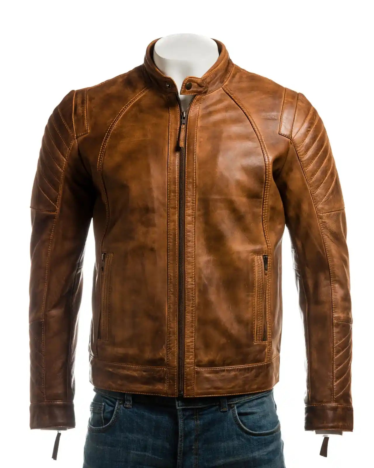 Men's Vintage Biker Style Leather Jacket With Shoulder