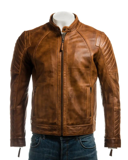 Men's Vintage Biker Style Leather Jacket With Shoulder